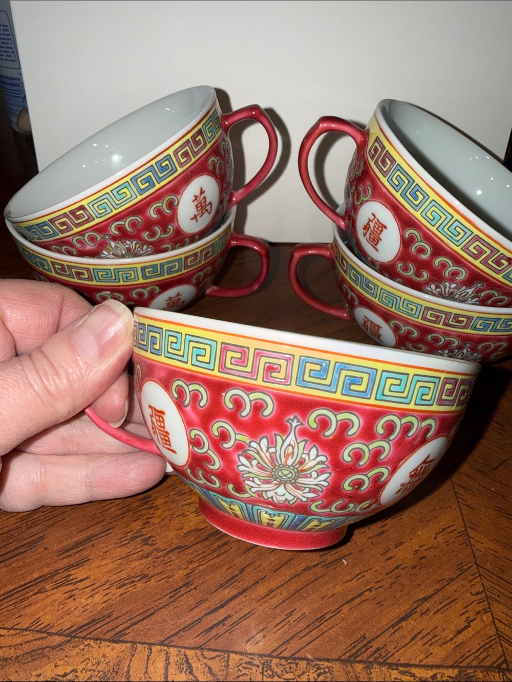 Vintage Red Mun Shou Longevity Pattern Famille Rose -Set of 5